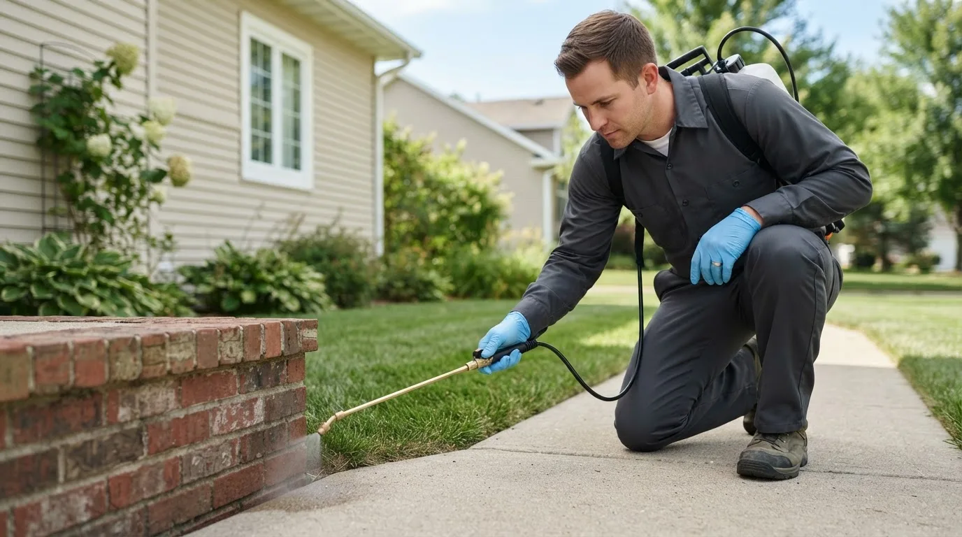 Pest control technician treating a home near Bergenfield, NJ
